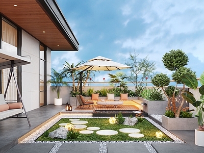 现代屋顶花园 现代屋顶花园 水景 休闲椅 秋千 园阳台