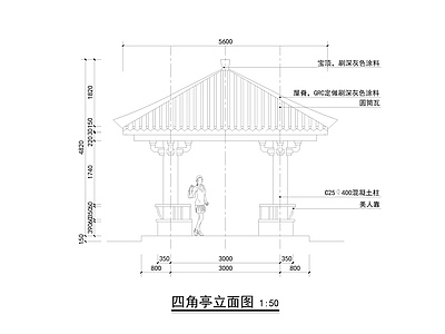新中式亭子 景观亭 四角亭 凉亭 混凝土四角亭 中式凉亭 施工图