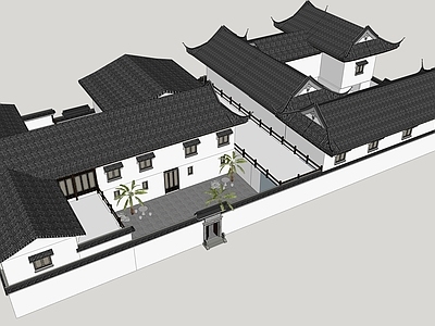 新中式四合院 中式合院庭院 二层建筑 庭院建筑 黑瓦白墙