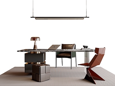 现代意式书桌椅 书桌椅组合 吊灯 亚克力单椅 台灯 书桌摆件