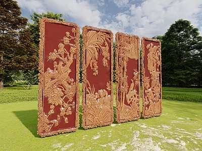 中式艺术装置 山水草木木雕版画