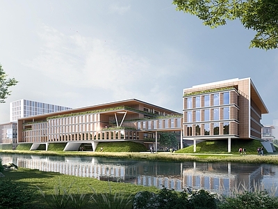 现代简约学校建筑 教学楼学校 学校操场 学校湖景