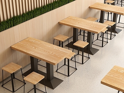 现代原木奶茶店 餐厅 餐桌椅组合 岩板餐桌