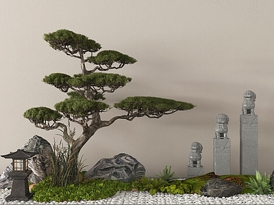新中式其他景观小品 楼梯景观松树 景观小品 景观造景 新中式禅意景观