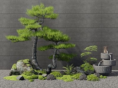 新中式石头 罗汉松 苔藓石 松树 水钵 流水小品