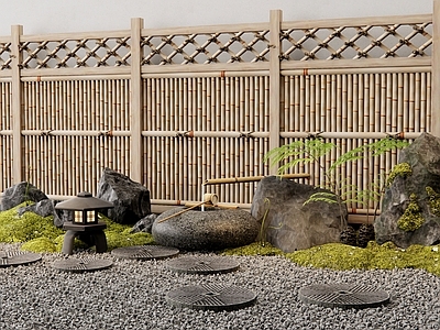 日式石头 苔藓石 水钵 汀步 竹篱笆栅栏 枯山水庭院
