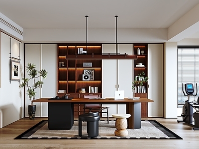 现代中古书房 现代中古风书房 书柜 书桌椅组合 动感单车 装饰画