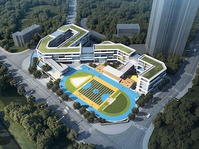 现代学校建筑 教学楼学校 小学 吊层建筑 多首层 连廊