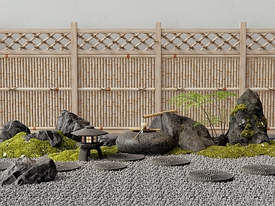 日式禅意庭院 景观石 枯山水 苔藓 汀步石 竹篱笆栅栏