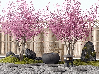 日式禅意庭院 樱花树 桃花树 水钵 景观石 枯山水庭院