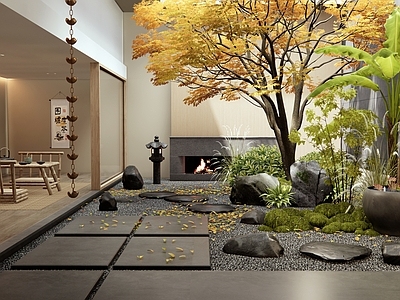 日式禅意室内景观 天井景观 植物堆 水钵 汀步 茶桌椅