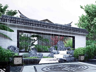 新中式简约庭院小品 景墙 小品