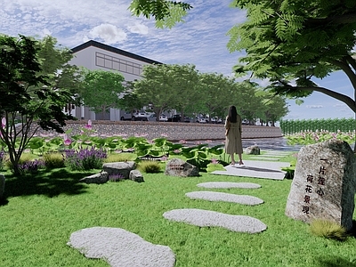 中式新中式乡村公园 石头字 池塘 荷花池