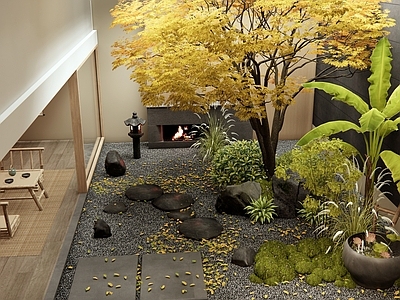 日式新中式室内景观 天井景观造景 汀步石 植物堆 水钵 茶桌椅