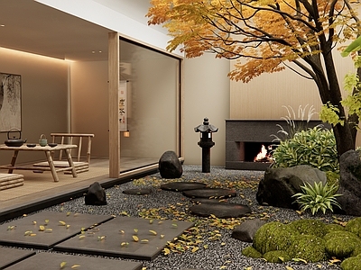 日式禅意茶室 天井室内景观 汀步 景观树 灌木植物 茶桌椅