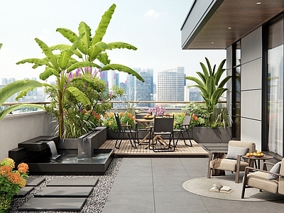 现代屋顶花园 庭院花园 流水小品 水景 户外桌椅 花草植物