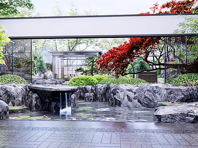 新中式别墅庭院 山水庭院 水景
