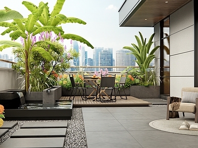 现代屋顶花园 露台 庭院花园 水钵水景 户外桌椅 花草植物