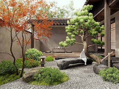 日式新中式乡村庭院 民宿庭院景观 枯山水 灌木 松树造景 景观石