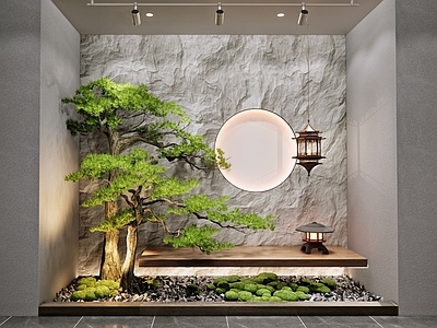 新中式禅意室内景观 庭院小品 松树 苔藓 植物造景 端景