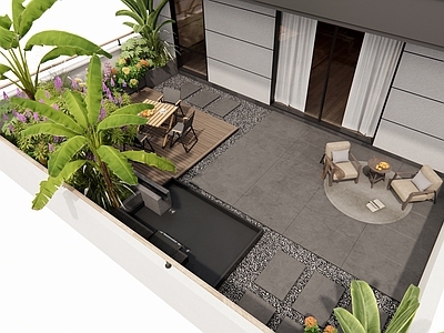 现代屋顶花园 水景 户外桌椅 露台景观 花草植物 芭蕉