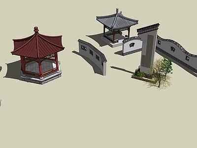 中式古建筑 景观亭组合