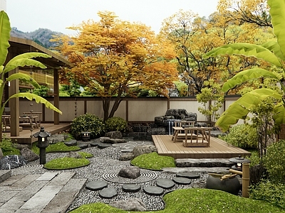 日式禅意别墅庭院 民宿庭院景观 乡村庭院 假山水景 景观树 枯山水