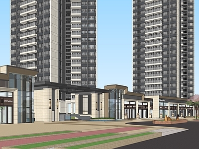 现代小区建筑 现代住宅塔楼 入口商业