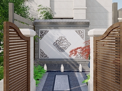 中式轻奢别墅庭院 照壁 廊架 庭院水景 菜园 工具房