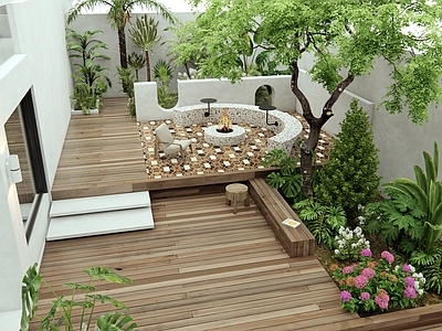 现代庭院 别墅庭院 灌木 花草植物 户外桌椅 景观树