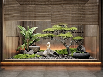日式新中式室内景观 松树造景 植物组合 水钵 枯山水 端景