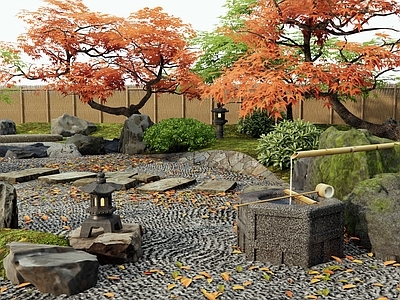 日式禅意庭院 枯山水庭院 汀步 景观石头 红枫 水钵水景