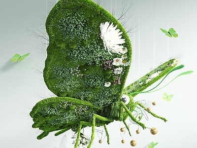 现代艺术装置 现代室内雕塑装置 装置雕塑 蝴蝶造景 苔藓造景