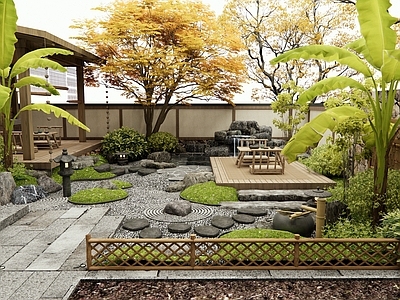 新中式庭院 汀步 老石板 假山水景 芭蕉 竹篱笆