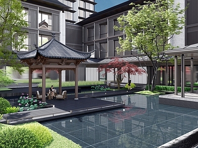 现代新中式别墅庭院 酒店庭院 中式庭院 庭院水景 中庭景观