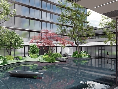 新中式意式别墅庭院 新中式景观庭院 酒店庭院 新中式酒店 酒店对景