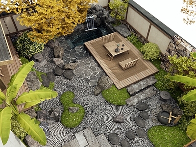 日式庭院 假山水景 景观石头 汀步 芭蕉树 水钵小品