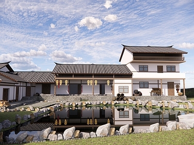 新中式中式滨水景观 中式乡村涝池景观 水塘景观