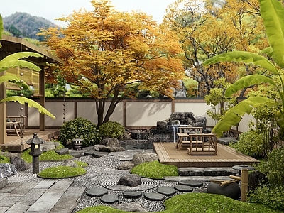 日式禅意庭院 枯山水 芭蕉 景观树 景观石 假山水景