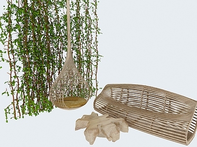 现代田园藤艺吊椅创意木椅组合