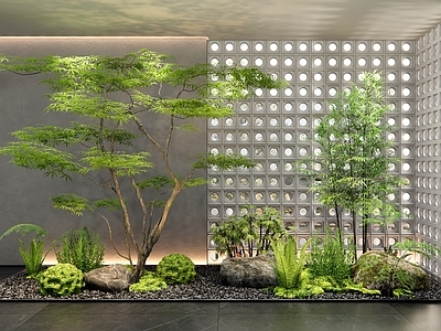 现代室内景观 庭院小品 枫树 植物造景 灌木 花草