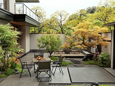 现代庭院 别墅庭院 庭院门 户外桌椅 灌木 花草