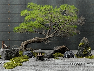 新中式石头 松树 枯山水 水钵 雨链 造型松树