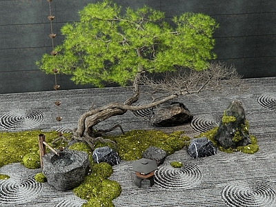 新中式庭院小品 枯山水 造型松树 景观石头 苔藓 水钵
