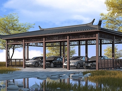 现代其他景观小品 古建停车棚