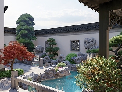 中式新中式别墅庭院 中式别墅庭院 假山跌水花园 庭院花园