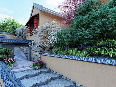 轻奢中式乡村庭院 乡村民宿 乡村小院 假山流水 乡村门楼