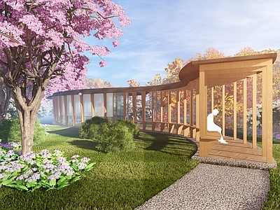 现代新中式图书馆建筑 书廊 原木系廊架 半封闭半开敞曲线 公共阅读空间 长廊书店