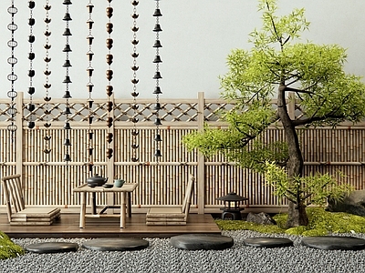 日式庭院小品 雨链 松树 枯山水 竹篱笆围栏 户外茶桌椅