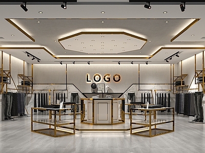 现代轻奢服装店 男装店 男士服装组合 牛仔裤 服装店LOGO墙 服装店展示架